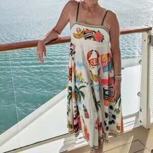 Tahitian Paradise Tropical Print High Waist Smocked Back Square Neck Dress Large